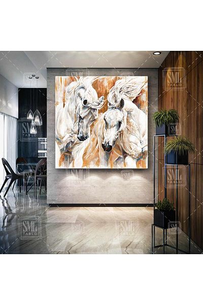 SML TABLO Două cai albi nobili Carizma Animal Square Canvas Painting