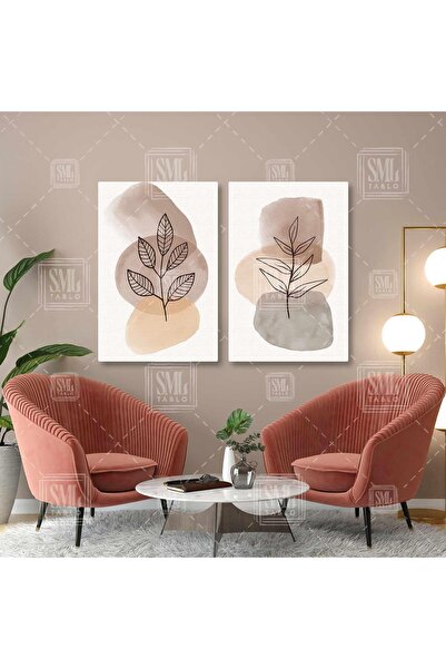 SML TABLO Kahverengi Tonlarında Sulu Boya İzleri ve Yapraklar Line Art Boho İ...