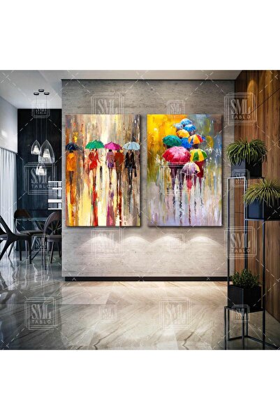 SML TABLO Sokakta Yağmur Altında Yürüyen Renkli Şemsiyeli Insanlar Soyut Ikili Kombin 2 Li Set Kanvas Tablo