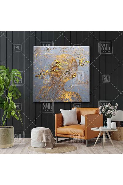 SML TABLO Golden Linear Woman Abstract Modern Art Pictură pătrată pe pânză