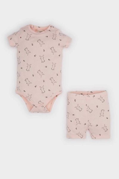 DeFacto Baby Girl 2 Piece Set Patterned Ribbed Camisole Short Sleeve Snap Body Shorts with Elastic Waist E8240A525Sm