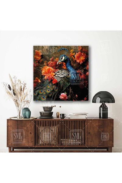 SML TABLO Pictură pe pânză pătrată cu animale elegante cu flori roșii în interiorul păunului albastru