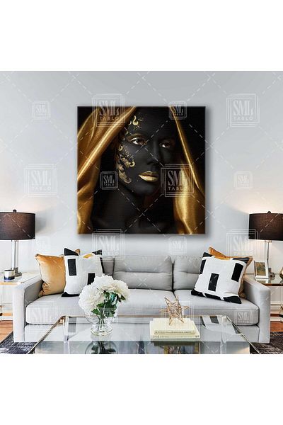SML TABLO Γυναικείο τετράγωνο καμβάς με μοτίβο Art Deco στο πρόσωπο με χρυσό μακιγιάζ και χρυσό κίτρινο κασκόλ