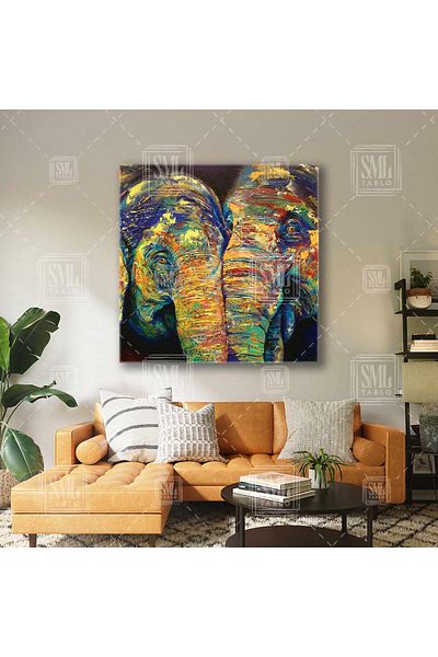SML TABLO Ζωγραφική σε καμβά με εφέ ελαιογραφίας Elephant Couple Animal Nature African Square