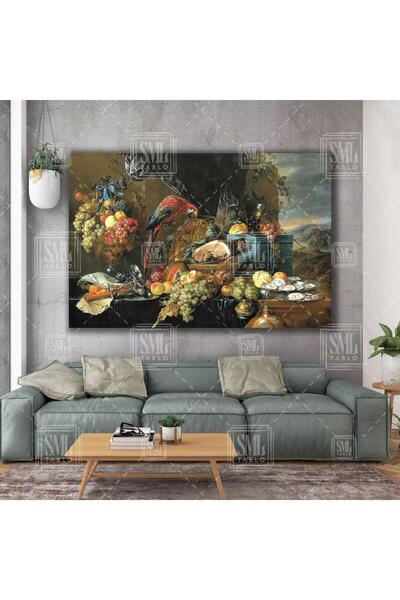 SML TABLO Yemek Masası Üzerindeki Papağan Yağlı Boya Efektli Yatay Kanvas Tablo