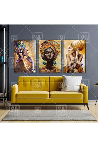 SML TABLO Renkli Küpeli Yağlı Boya Efektli Geleneksel Etnik Kıyafetli Üçlü Ko...