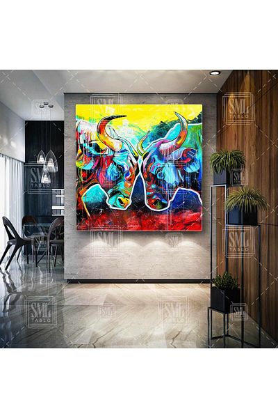 SML TABLO Head to Head Two Bulls Abstract Charismatic Animal Square Canvas Painting