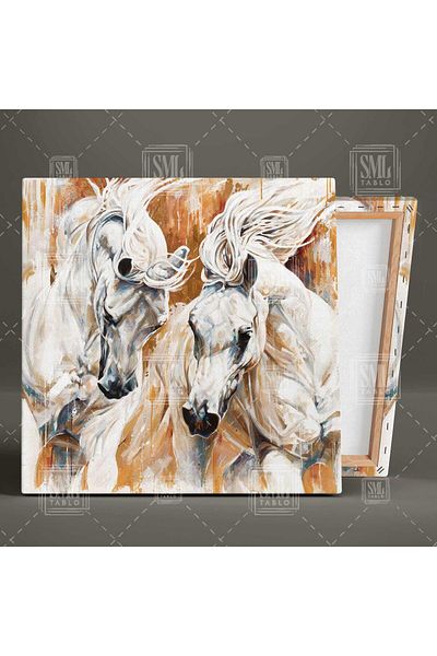 SML TABLO Două cai albi nobili Carizma Animal Square Canvas Painting