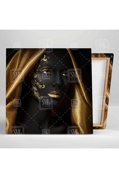 SML TABLO Γυναικείο τετράγωνο καμβάς με μοτίβο Art Deco στο πρόσωπο με χρυσό μακιγιάζ και χρυσό κίτρινο κασκόλ