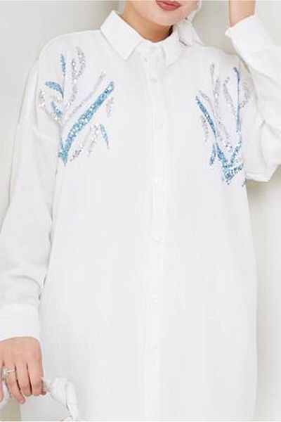 TRENDTESETTÜR Women's Cream Sequin Sequin Detail Tunic t 2289