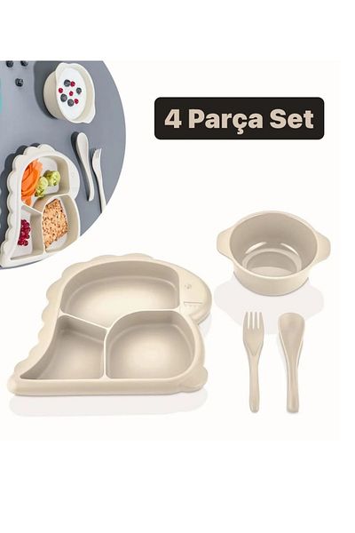 Bayev Dino Cream 4 Piece Piece Baby Food Set Food Plate Set Children's Breakfast Plate