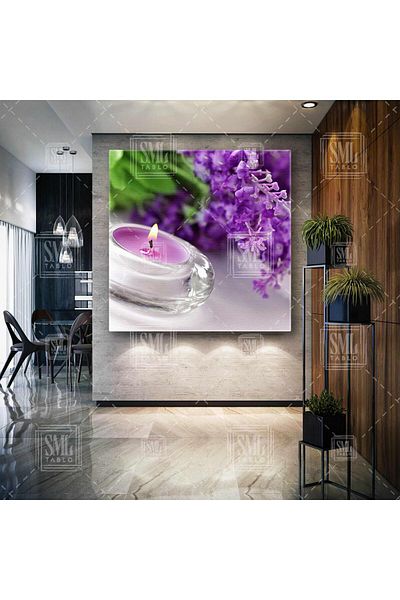 SML TABLO Φρέσκα λουλούδια λεβάντας μωβ κεριά Spa Σαλόνι μασάζ Τετράγωνος πίνακας σε καμβά