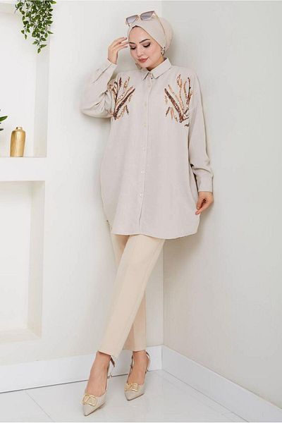 TRENDTESETTÜR Women Beige Pul Pailletted Detail Tunic t 2289