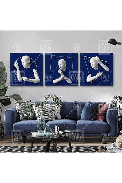SML TABLO Cadru pătrat auriu Fundal bleumarin Decorativ Combinație triplă Set de 3 Picturi pe pânză