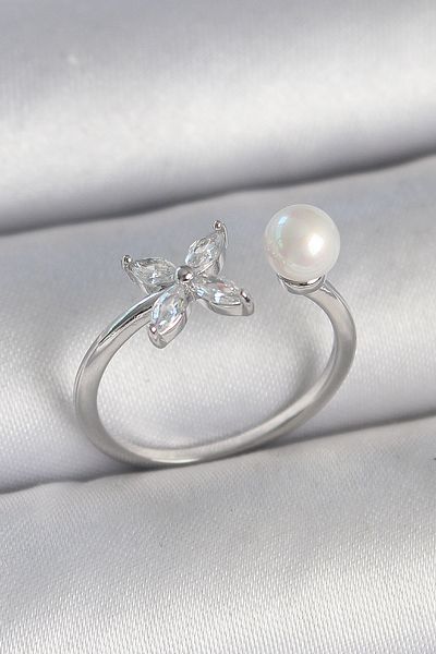 BESKAR Brass Silver Color Zircon Stone Flower Model Pearl Detail Adjustable Women's Ring