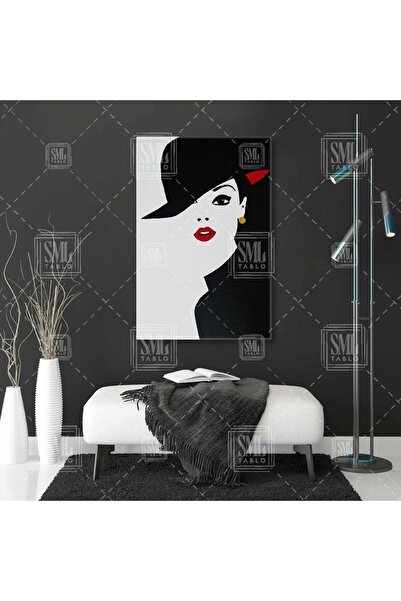 SML TABLO Audrey Hepburn Stili Siyah Şapkalı İllustrasyon Kırmızı Dudaklar Di...