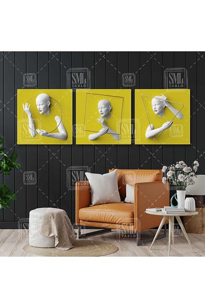 SML TABLO Cadru pătrat auriu Fundal galben Decorativ Combinație triplă Set de 3 Picturi pe pânză
