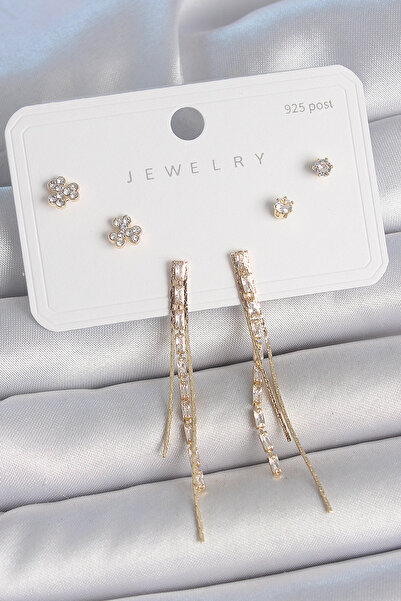 Nehir Pirinç Gold Renk Su Yolu Zirkon Taşlı Sallantı Model Çiçek Detay 925 Ay...