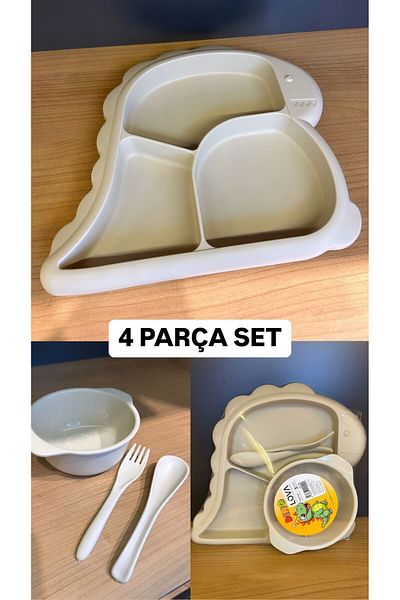 Bayev Dino Cream 4 Piece Piece Baby Food Set Food Plate Set Children's Breakfast Plate
