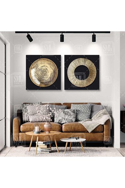 SML TABLO Gold Circle Spiral Διακοσμητικό Διπλό Συνδυασμό 2 τεμαχίων Πίνακας ζωγραφικής σε καμβά