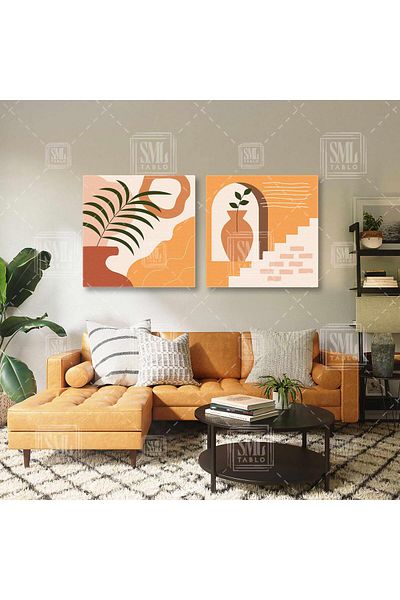 SML TABLO Terazzo Χρώμα Γλάστρα και Φυτό Boho Design Διπλό Συνδυασμός 2 Πίνακες ζωγραφικής σε καμβά