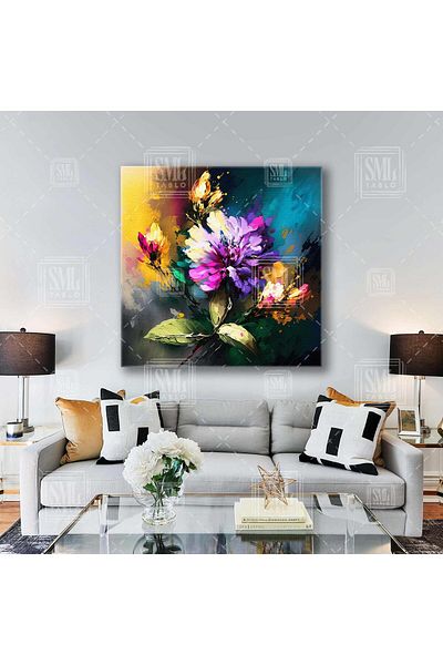 SML TABLO Buchet de flori colorate Violet Crizantemă Semne de perie Natură Decorativă Pictură pe pânză pătrată