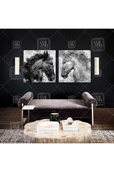 SML TABLO White Noble Horse Paint Splashes în stil grunge Decorativ dublu combinație de 2 picturi pe pânză