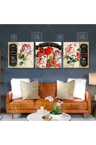 SML TABLO Ροζ και λευκό ποικιλόμορφο Tulip Vintage Grand Jardin Διακοσμητικό Τριπλό Σετ Τριπλό Σετ ζωγραφικής σε καμβά