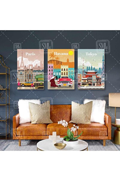 SML TABLO Tokyo Havana Paris Minimal İlüstrasyonlar Turistik Şehirler Üçlü Ko...