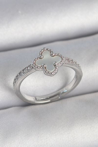 BESKAR Brass Silver Color Zircon Stone White Enamel Clover Model Adjustable Women's Ring