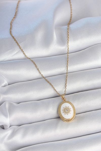 BESKAR 316L Steel Gold Color Chain White Enamel Sun Embroidered Zircon Stone Detailed Medalion Model Women