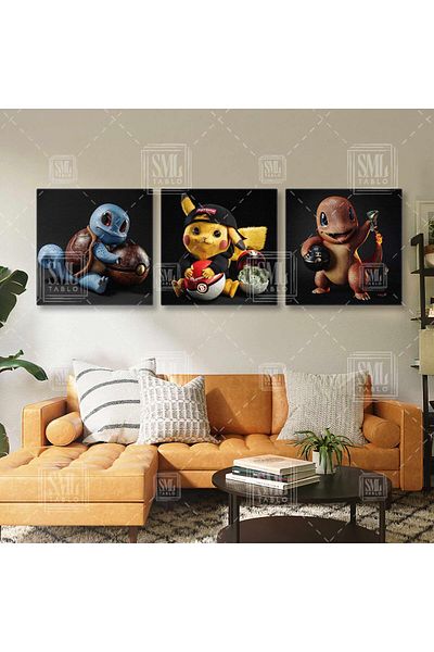 SML TABLO Pokemon Luxury Poketball Squirtle Personaj de desene animate Combinație triplă Set de 3 picturi pe pânză