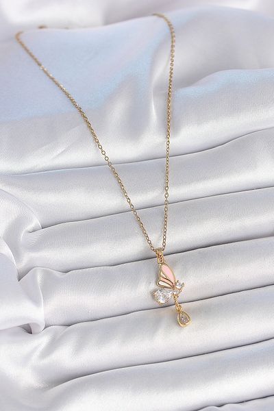 BESKAR 316L Steel Gold Color Chain Drop Zircon Stone Butterfly Model Dangle Detail Women's Necklace