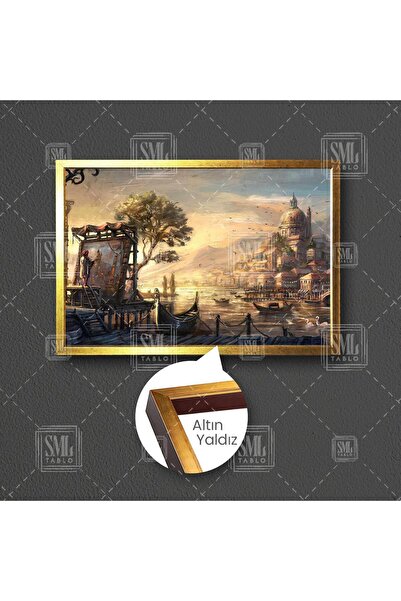 SML TABLO Modern Şehir Hayatı Yağlı Boya Efektli Şehir Resmi Çizen Ressam Rıhtım Manzara Çerçeveli Yatay Kanva