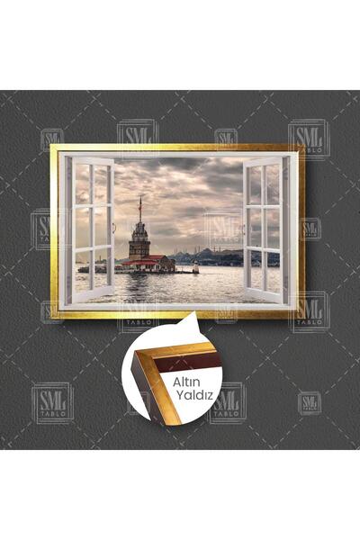 SML TABLO Pencereden Kız Kulesi Manzarası İstanbul Türkiye Doğa Deniz Çerçeve...