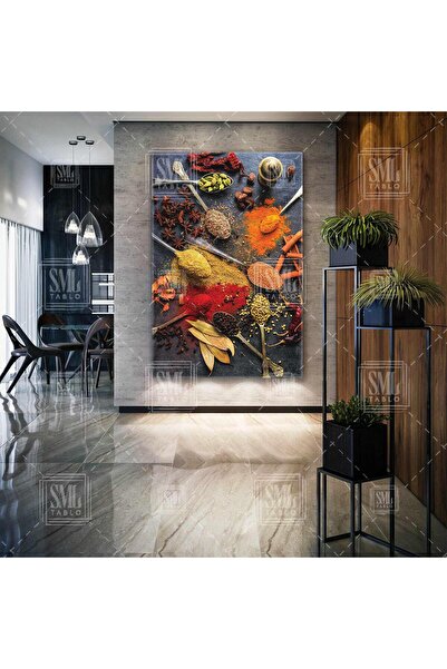 SML TABLO Gümüş Kaşıkların İçinde Baharatlar Mutfak Kitchen Dikey Kanvas Tablo