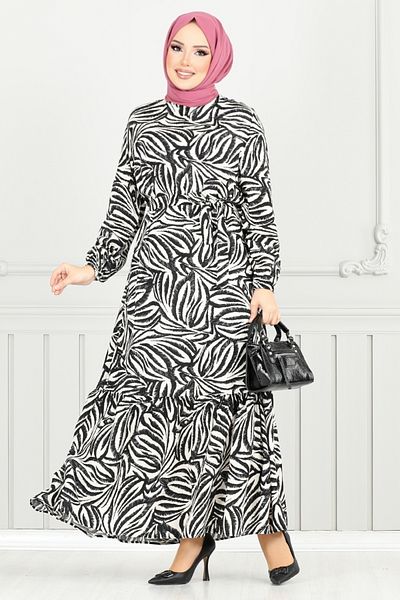 ModaMerve Patterned Viscose Dress 836Ozr1047-M Black