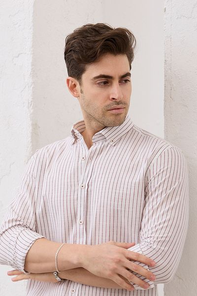 RAVANELLI Men's Striped Cotton Linen Modern Slim Fit Shirt
