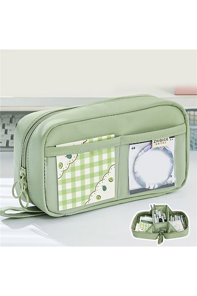 Choice green Kawaii Large Capacity Pencil Case 3 Compartment Pouch Pen Bag Double Side Opening Student Stat
