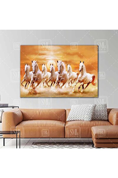 SML TABLO Koşan Beyaz Atlar Güneş Doğa Manzara 7 At Sürüsü Yatay Kanvas Tablo