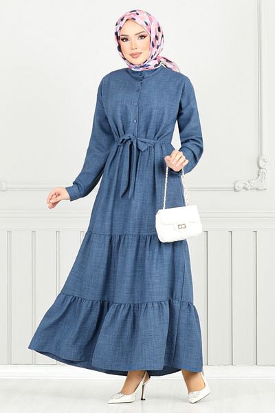 ModaMerve Rochie cu cravată în talie 16162BSK984-M Indigo