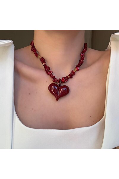 Alice İsstanbul Bordo Kırık Boncuklu Kalp Kolye