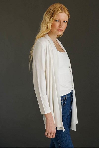 Desen Triko Women's Collar and Back Chiffon Combed Cotton Jacket Bone