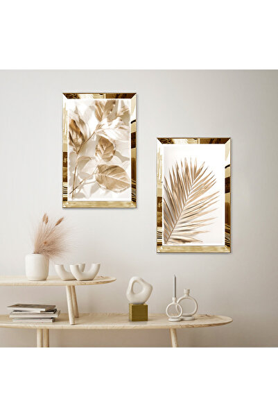 Zevahir Mobilya Dekorasyon GOLD AYNALI PLEKSİ ÇERÇEVELİ BEYAZ ARKA PLANLI GOLD ÇİÇEK MODERN İKİLİ MDF TABLO SETİ