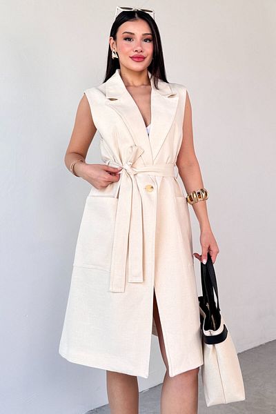 Cappmoda Ckt-9432 Stone Color Lapel Collar Lined Linen Long Vest with Belt Detail