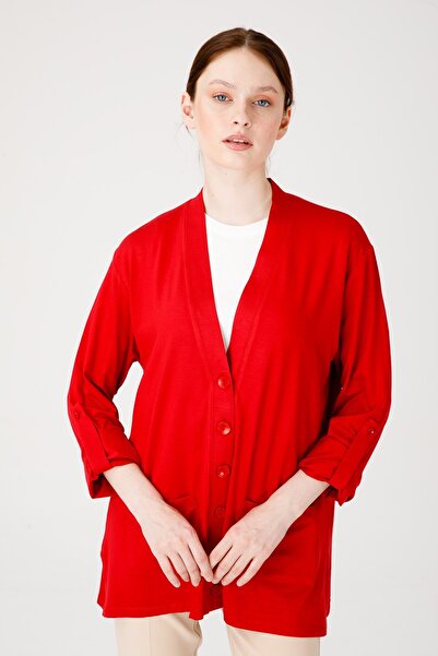 Desen Triko Women's V-Neck Long Sleeve Pocket Buttoned Combed Cotton Jacket Red