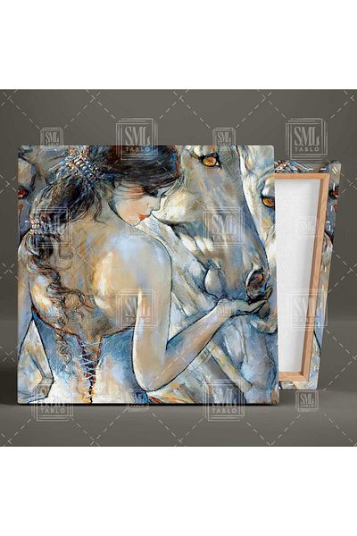 SML TABLO Femeie în rochie albă care iubește caii Brush Stains Square Canvas Painting