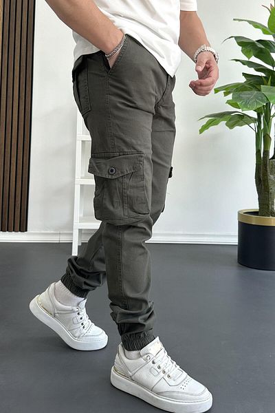 Edwox Men's Elastic Leg Cargo Pocket Trousers Green Edw353