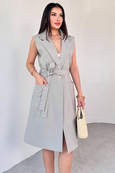 Cappmoda Ckt-9432 Gray Lapel Collar Lined Linen Long Vest with Belt Detail