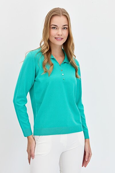 Desen Triko Women's Polo Neck Angelina Basic Blouse S.Green